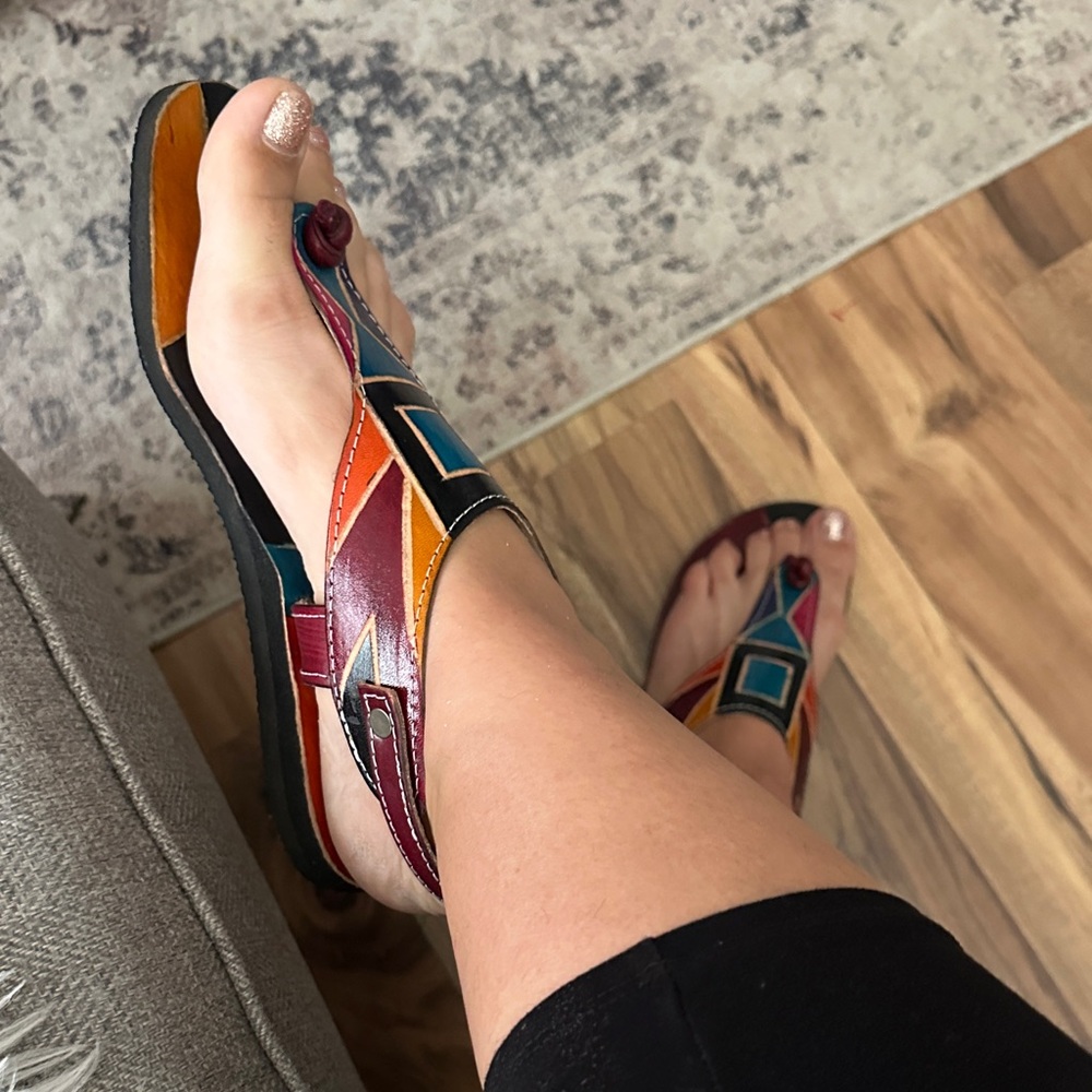 Genuine Tooled Leather Multicolor Geometric Women's Sandals - Picture 9 of 9